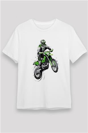 Motor Sporları Baskılı Unisex Beyaz Tişört - Tshirt