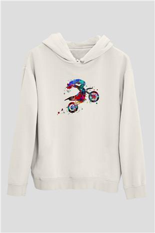 Motor Sporları Baskılı Unisex Ekru Hoodie
