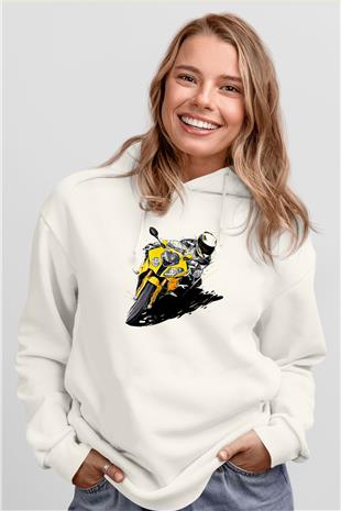 Motor Sporları Baskılı Unisex Ekru Hoodie
