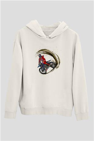 Motor Sporları Baskılı Unisex Ekru Hoodie