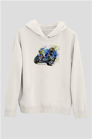 Motor Sporları Baskılı Unisex Ekru Hoodie