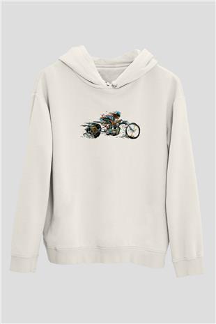 Motor Sporları Baskılı Unisex Ekru Hoodie