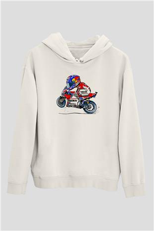 Motor Sporları Baskılı Unisex Ekru Hoodie