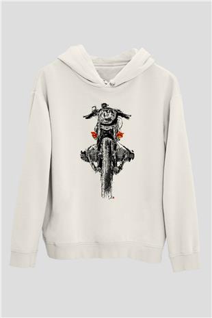 Motor Sporları Baskılı Unisex Ekru Hoodie