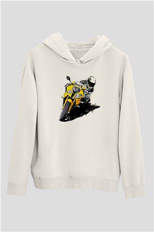 Motor Sporları Baskılı Unisex Ekru Hoodie