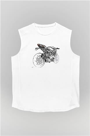 Motor Sporları Baskılı Unisex Kolsuz Beyaz Tişört