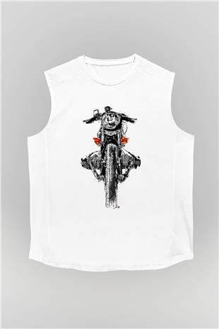 Motor Sporları Baskılı Unisex Kolsuz Beyaz Tişört