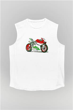 Motor Sporları Baskılı Unisex Kolsuz Beyaz Tişört