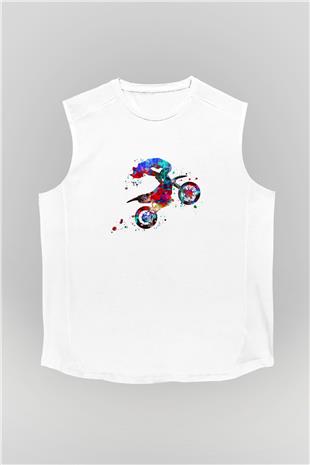 Motor Sporları Baskılı Unisex Kolsuz Beyaz Tişört