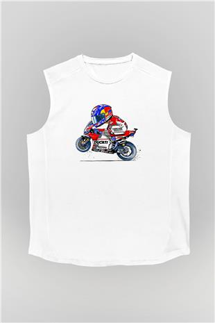 Motor Sporları Baskılı Unisex Kolsuz Beyaz Tişört