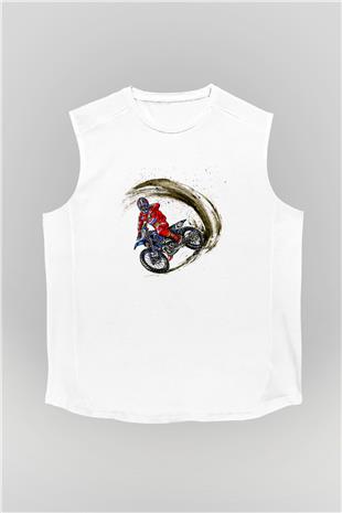 Motor Sporları Baskılı Unisex Kolsuz Beyaz Tişört