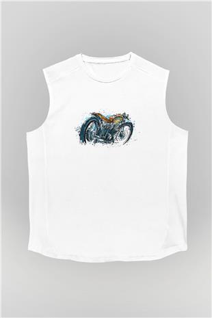 Motor Sporları Baskılı Unisex Kolsuz Beyaz Tişört