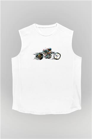 Motor Sporları Baskılı Unisex Kolsuz Beyaz Tişört