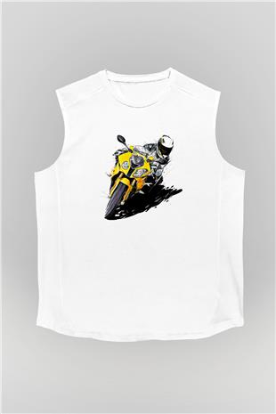 Motor Sporları Baskılı Unisex Kolsuz Beyaz Tişört
