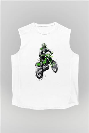 Motor Sporları Baskılı Unisex Kolsuz Beyaz Tişört