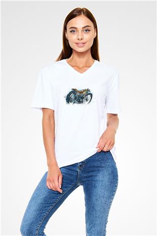 Motor Sporları Baskılı Unisex V Yaka Tişört - Tshirt