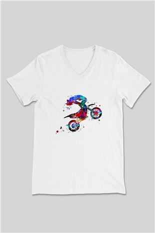Motor Sporları Baskılı Unisex V Yaka Tişört - Tshirt