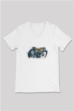 Motor Sporları Baskılı Unisex V Yaka Tişört - Tshirt