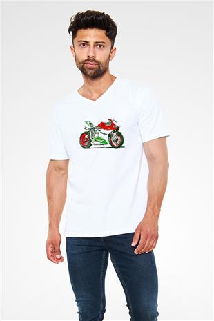 Motor Sporları Baskılı Unisex V Yaka Tişört - Tshirt
