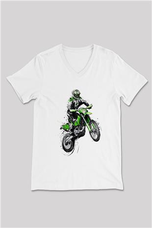 Motor Sporları Baskılı Unisex V Yaka Tişört - Tshirt