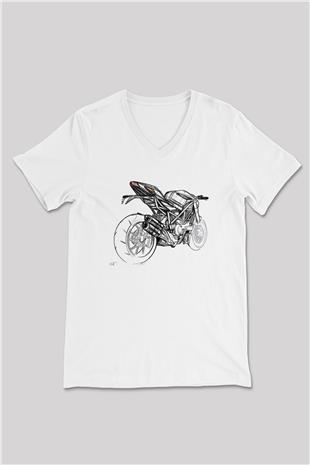 Motor Sporları Baskılı Unisex V Yaka Tişört - Tshirt