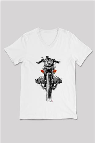 Motor Sporları Baskılı Unisex V Yaka Tişört - Tshirt