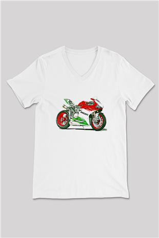 Motor Sporları Baskılı Unisex V Yaka Tişört - Tshirt