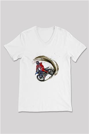 Motor Sporları Baskılı Unisex V Yaka Tişört - Tshirt