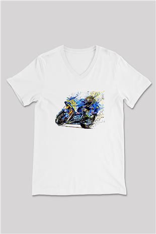 Motor Sporları Baskılı Unisex V Yaka Tişört - Tshirt