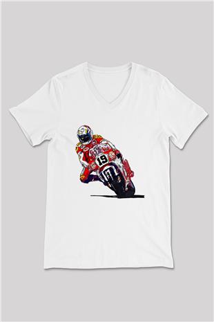 Motor Sporları Baskılı Unisex V Yaka Tişört - Tshirt