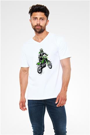 Motor Sporları Baskılı Unisex V Yaka Tişört - Tshirt