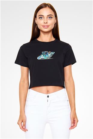 Motor Sporları - Motor sports Baskılı Crop Top Siyah Kadın Tişört - Tshirt