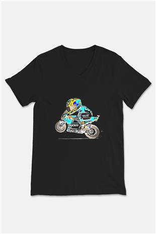 Motor Sporları - Motor sports Baskılı Unisex Siyah V Yaka Tişört