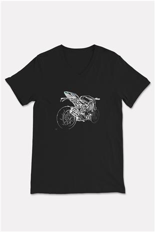 Motor Sporları - Motor sports Baskılı Unisex Siyah V Yaka Tişört