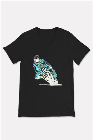Motor Sporları - Motor sports Baskılı Unisex Siyah V Yaka Tişört