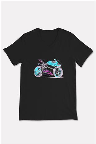Motor Sporları - Motor sports Baskılı Unisex Siyah V Yaka Tişört