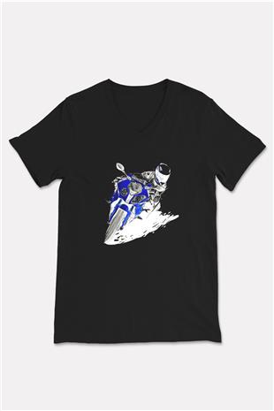 Motor Sporları - Motor sports Baskılı Unisex Siyah V Yaka Tişört