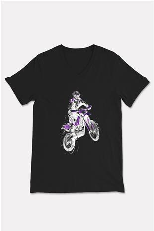 Motor Sporları - Motor sports Baskılı Unisex Siyah V Yaka Tişört