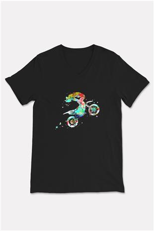 Motor Sporları - Motor sports Baskılı Unisex Siyah V Yaka Tişört