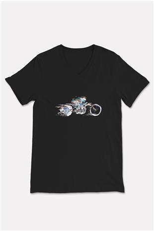 Motor Sporları - Motor sports Baskılı Unisex Siyah V Yaka Tişört