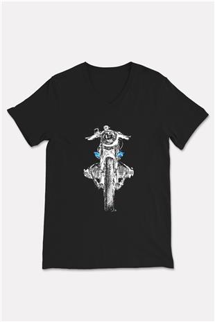 Motor Sporları - Motor sports Baskılı Unisex Siyah V Yaka Tişört