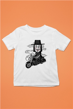 Motorcu Vendetta Baskılı Unisex Beyaz Çocuk Tişört
