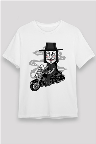 Motorcu Vendetta Baskılı Unisex Beyaz Tişört