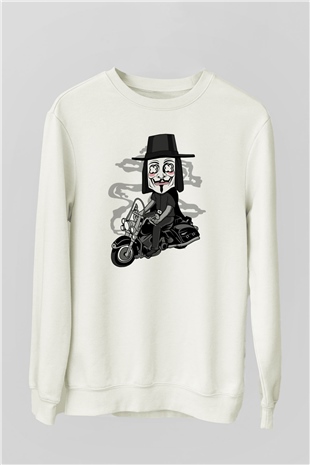 Motorcu Vendetta Baskılı Unisex Beyaz Sweatshirt