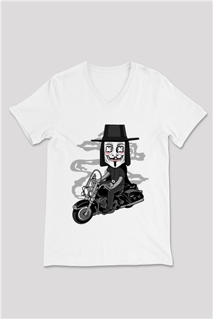 Motorcu Vendetta Baskılı Unisex Beyaz V Yaka Tişört