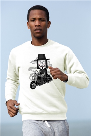 Motorcu Vendetta Baskılı Unisex Beyaz Sweatshirt
