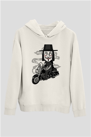 Motorcu Vendetta Baskılı Unisex Beyaz Hoodie