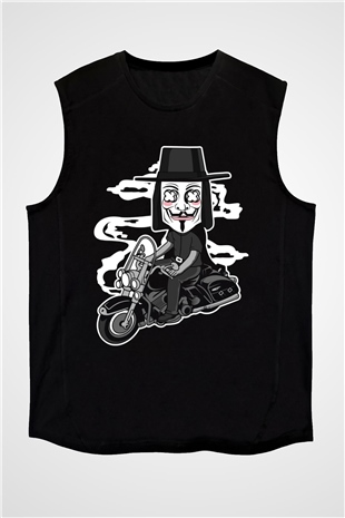 Motorcu Vendetta Baskılı Unisex Siyah Kolsuz Tişört