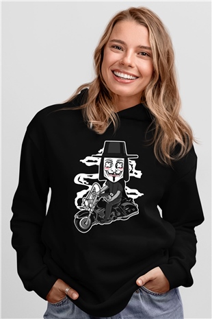 Motorcu Vendetta Baskılı Unisex Siyah Hoodie