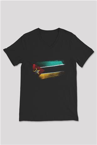 Mozambik - Mozambique Bayrağı Baskılı Unisex Siyah V Yaka Tişört